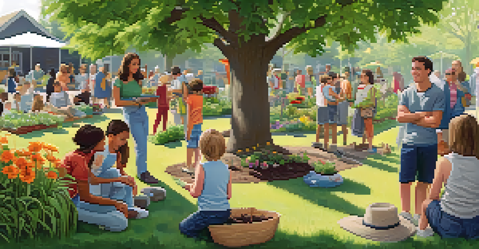 A community gathering in a shade garden with people and children learning about gardening.