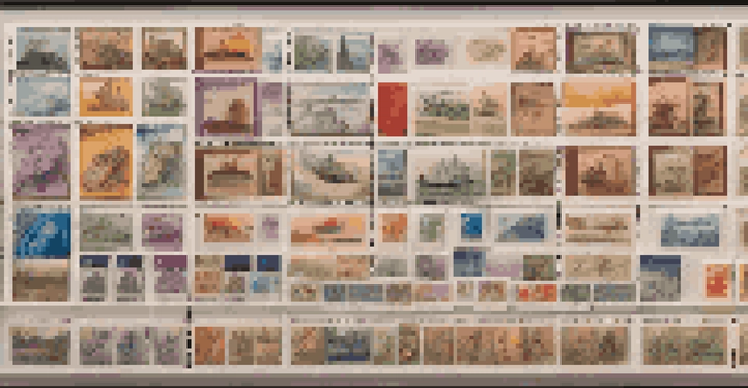 A philatelic exhibit with colorful stamps arranged on a display board, illuminated by soft lighting, with clear labels beside each stamp.