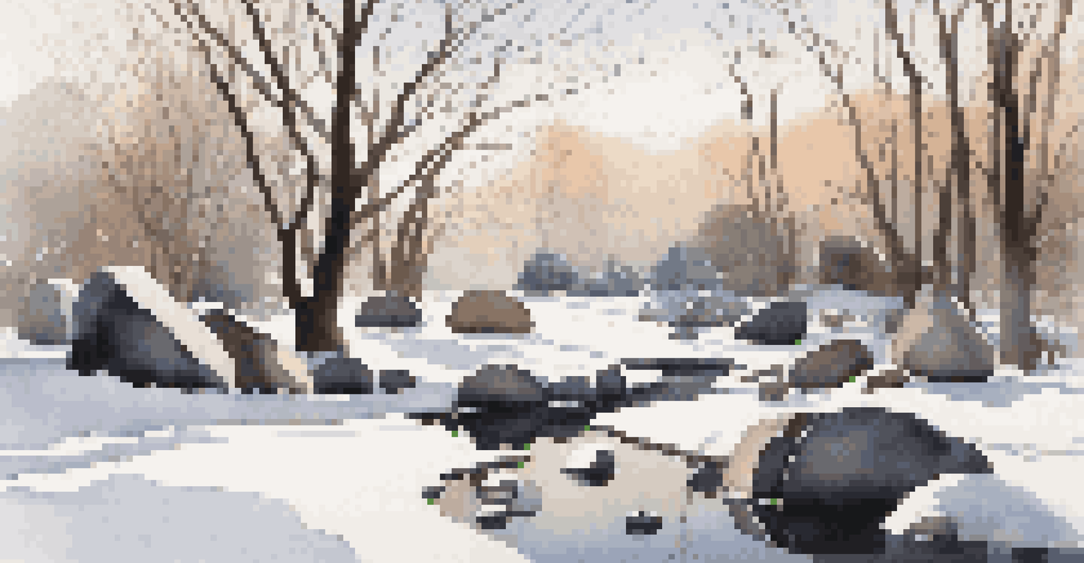 A winter garden with decorative boulders, a small frozen water feature, and bare tree branches silhouetted against a clear sky.