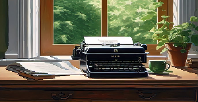 A warm and inviting writing nook with a wooden desk, vintage typewriter, papers, and a cup of tea, illuminated by soft natural light from a large window overlooking a green garden.