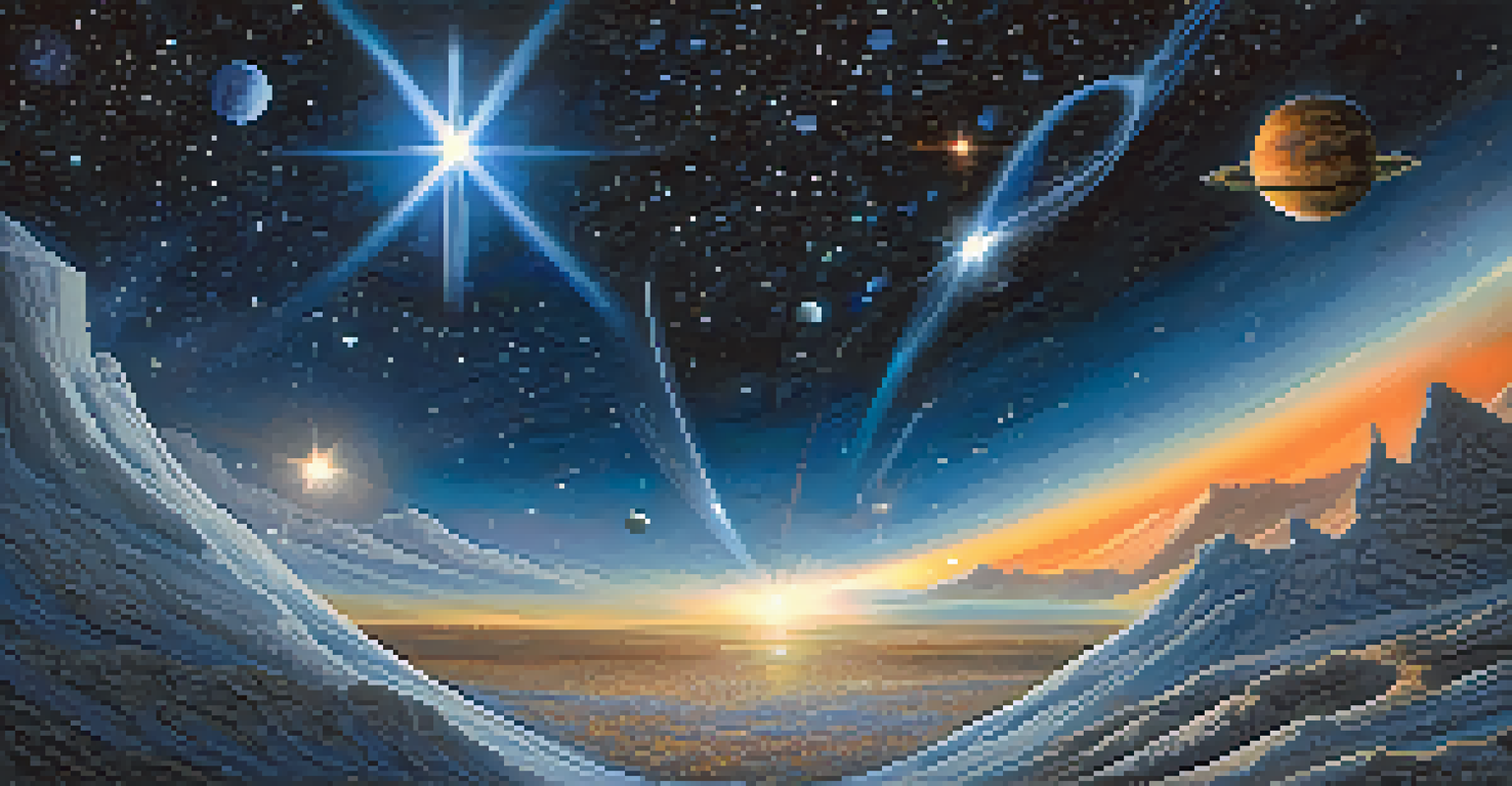 An artistic representation of a light year with a star emitting light across a cosmic landscape filled with galaxies and celestial objects.