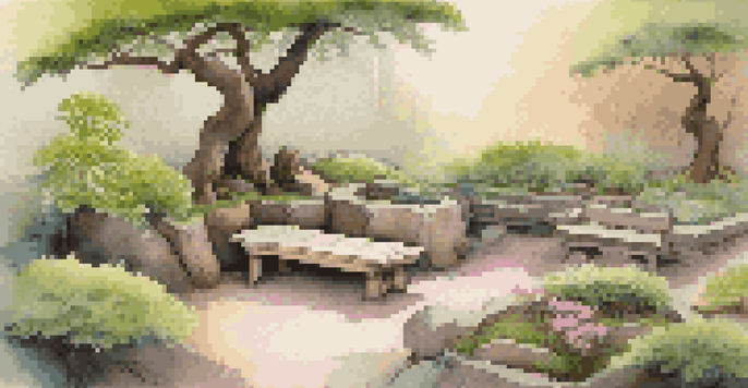 A tranquil garden with various miniature bonsai trees, a wooden bench, and ferns, all bathed in soft morning light.