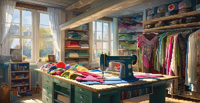 A sewing workshop with colorful fabrics, a sewing machine, and a half-finished cosplay costume under bright sunlight.