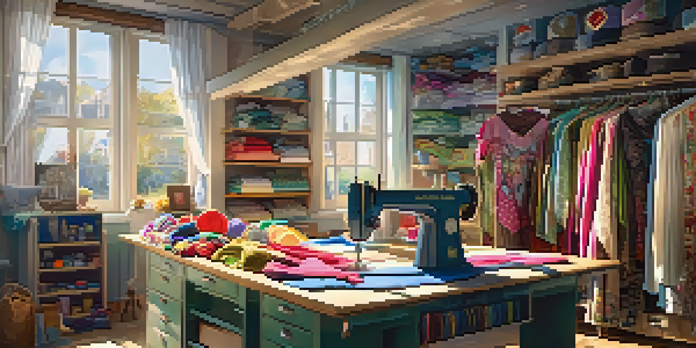 A sewing workshop with colorful fabrics, a sewing machine, and a half-finished cosplay costume under bright sunlight.