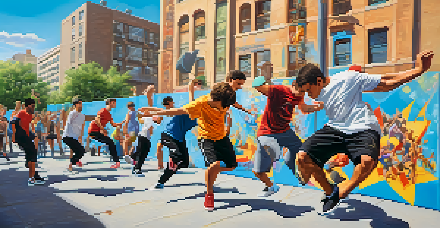 A group of parkour athletes practicing in an urban park with colorful street art, showcasing various movements.