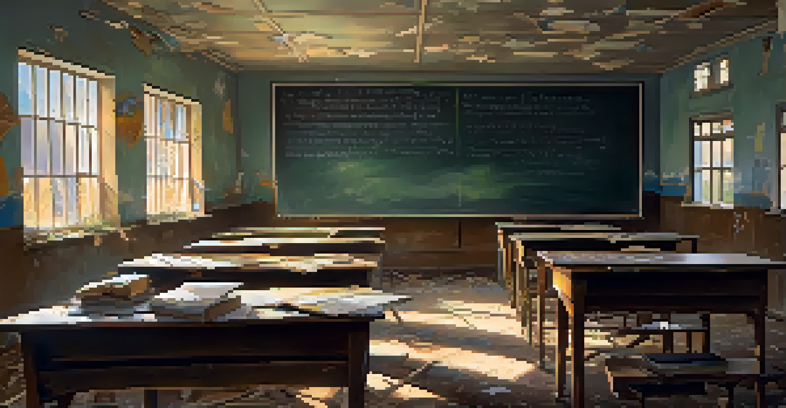 An old school classroom filled with dust and decay, featuring broken windows and scattered desks.