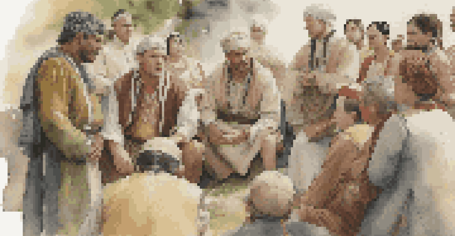 A diverse group of reenactors sharing stories at an event, dressed in traditional attire, with an audience listening attentively in the background.