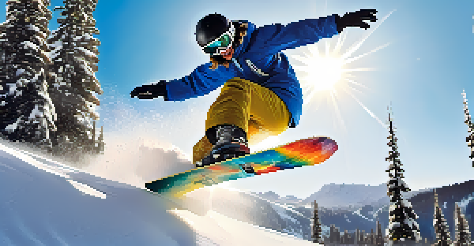 A snowboarder doing a trick in mid-air on a snow-covered slope with sunlit snow and pine trees in the background.