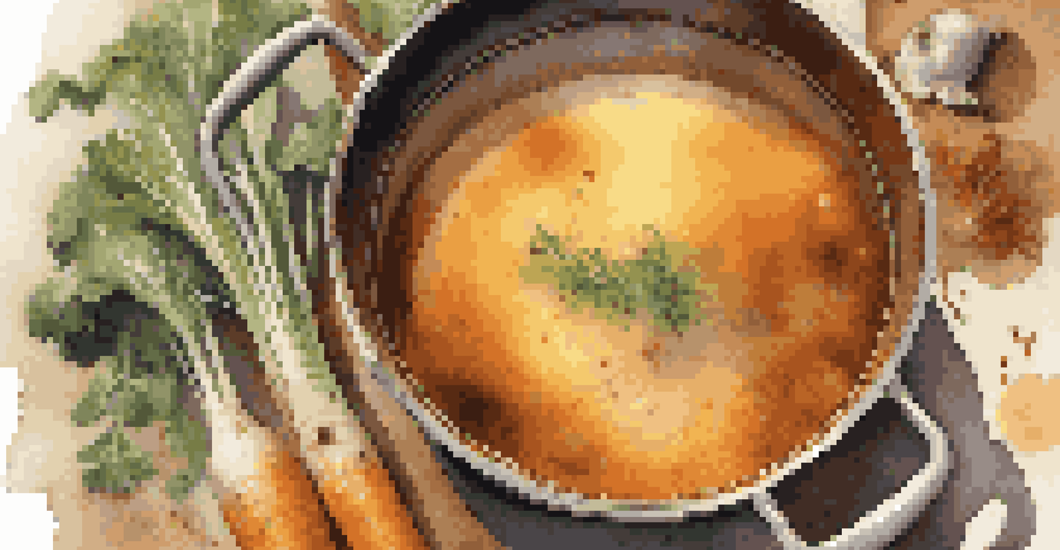 A close-up of simmering vegetable broth in a pot with various vegetable scraps visible in the golden liquid, illuminated by warm light.