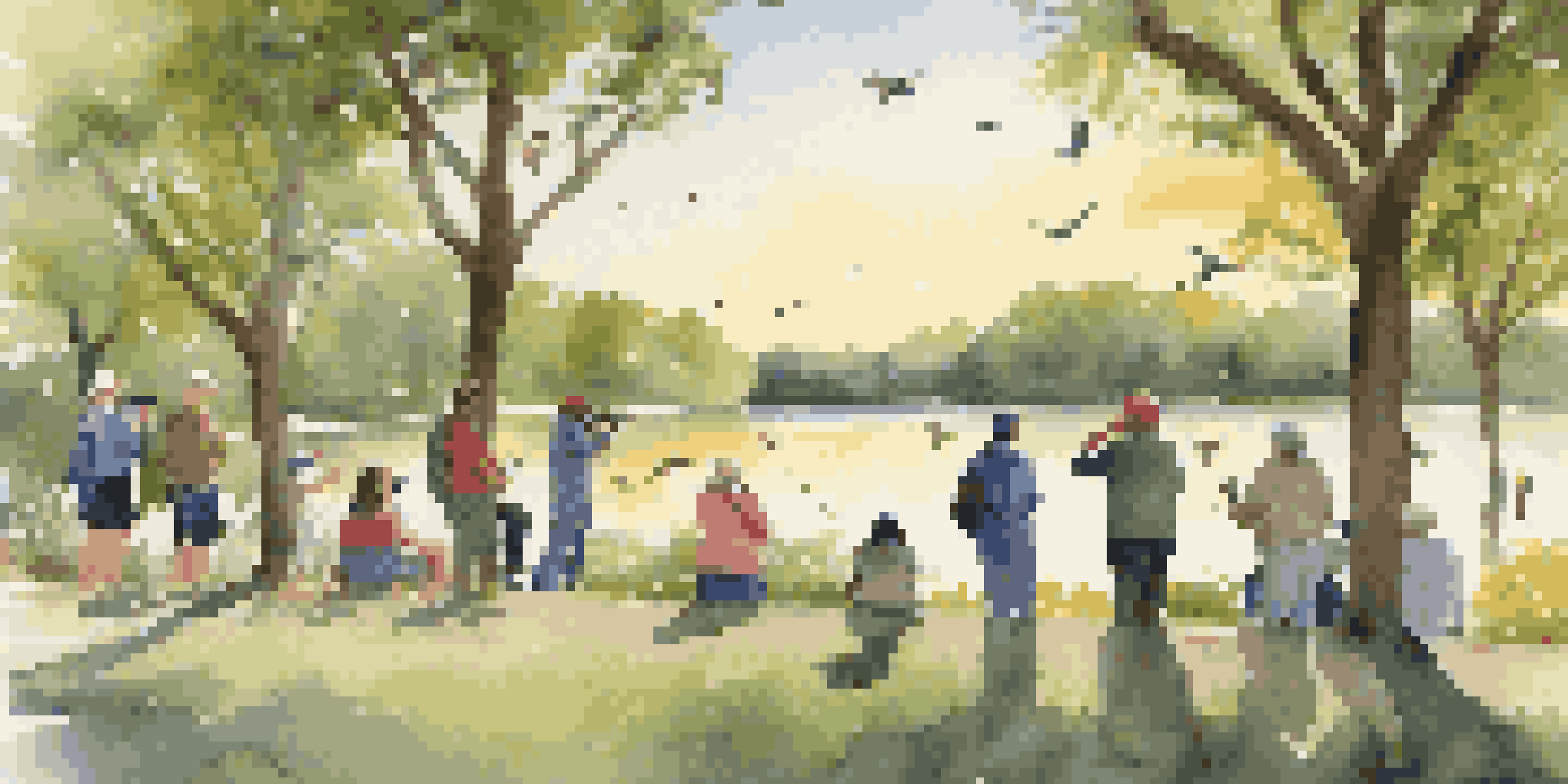 A diverse group of individuals enjoying birdwatching in a sunny park, with colorful birds visible in the trees.