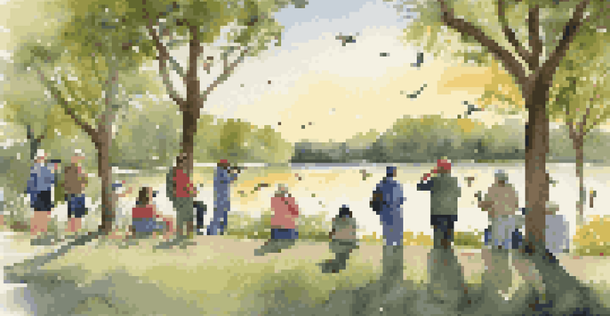 A diverse group of individuals enjoying birdwatching in a sunny park, with colorful birds visible in the trees.