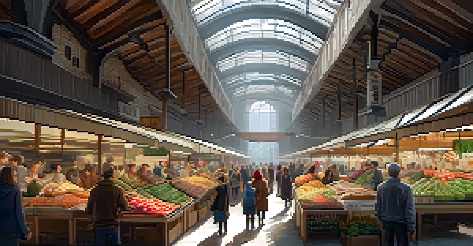 A lively underground market with stalls, illuminated by natural light from skylights, showcasing a blend of modern and rustic design.