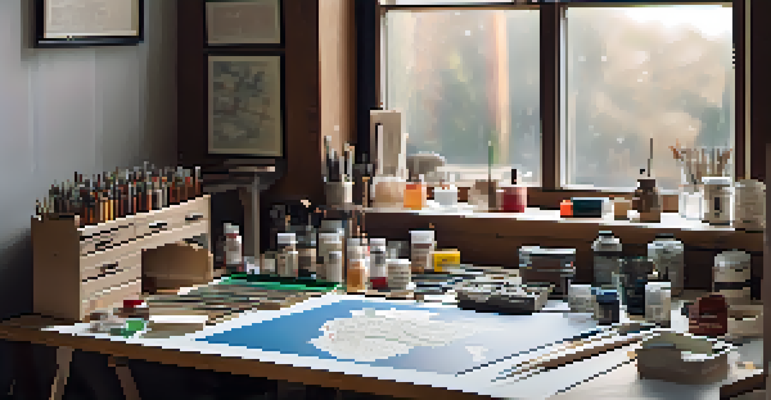 A model railroad building workspace with tools and a partially completed module.