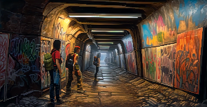 An underground tunnel filled with colorful street art and urban explorers, illuminated by soft, warm light.