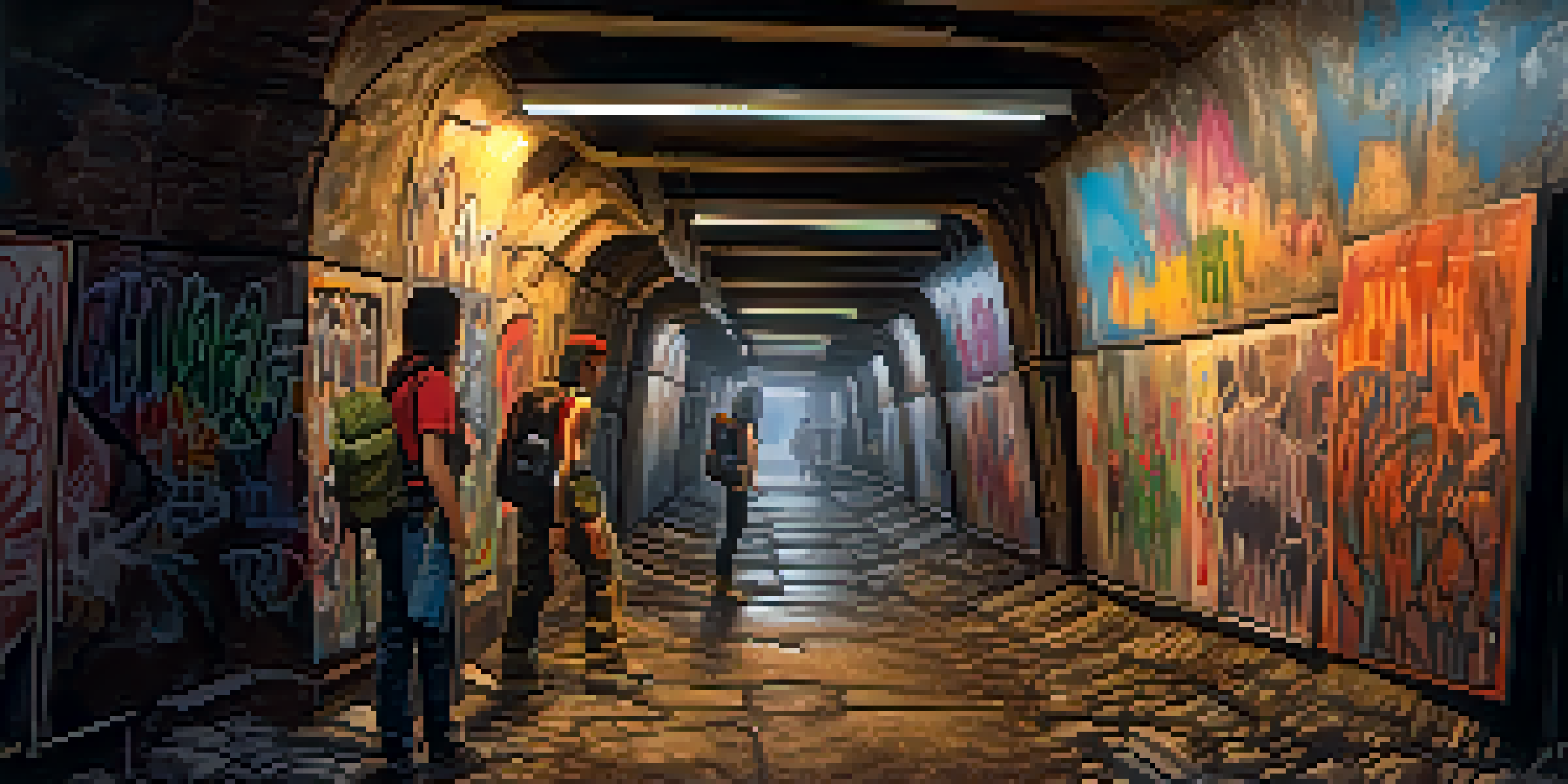 An underground tunnel filled with colorful street art and urban explorers, illuminated by soft, warm light.