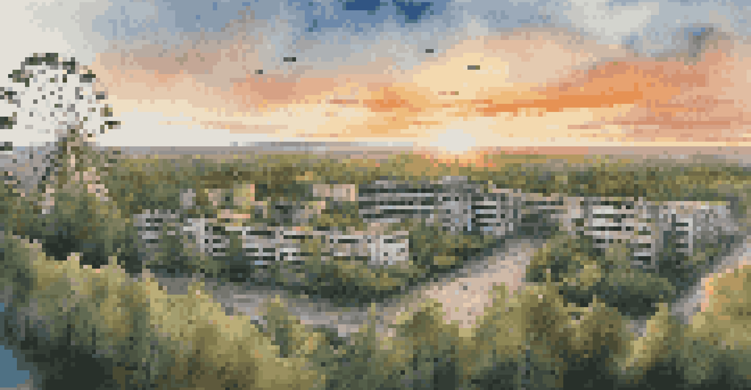 An aerial view of the abandoned city of Pripyat with decaying buildings and a Ferris wheel, surrounded by greenery at sunset.