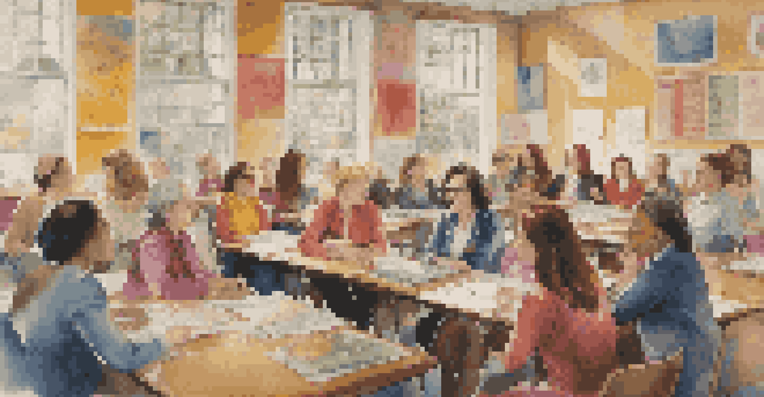 A diverse group of women in a 20th-century classroom discussing women's rights, surrounded by colorful posters and natural light.