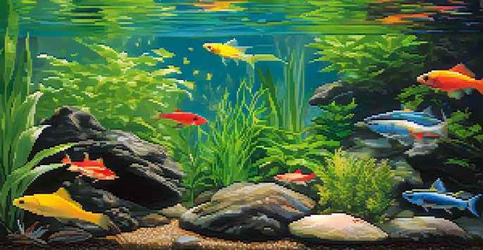 A colorful underwater garden with various aquatic plants and fish, illuminated by sunlight.