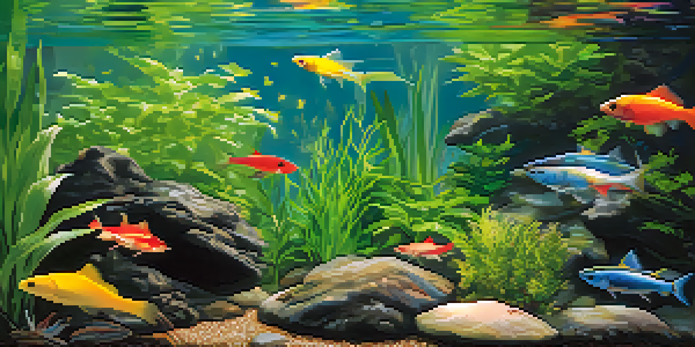 A colorful underwater garden with various aquatic plants and fish, illuminated by sunlight.