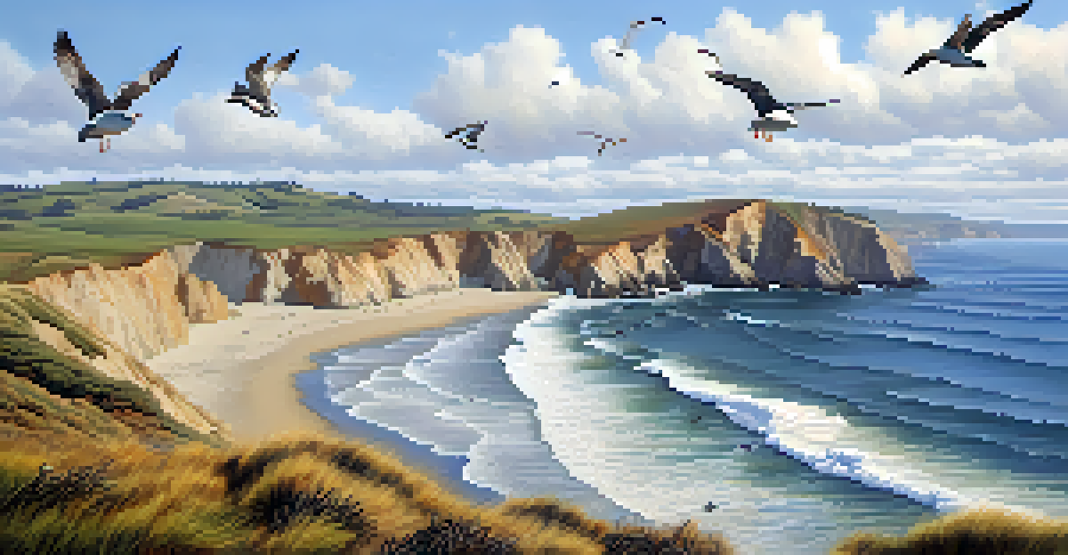 Rugged cliffs and sandy beaches at Point Reyes, with shorebirds foraging along the water's edge.