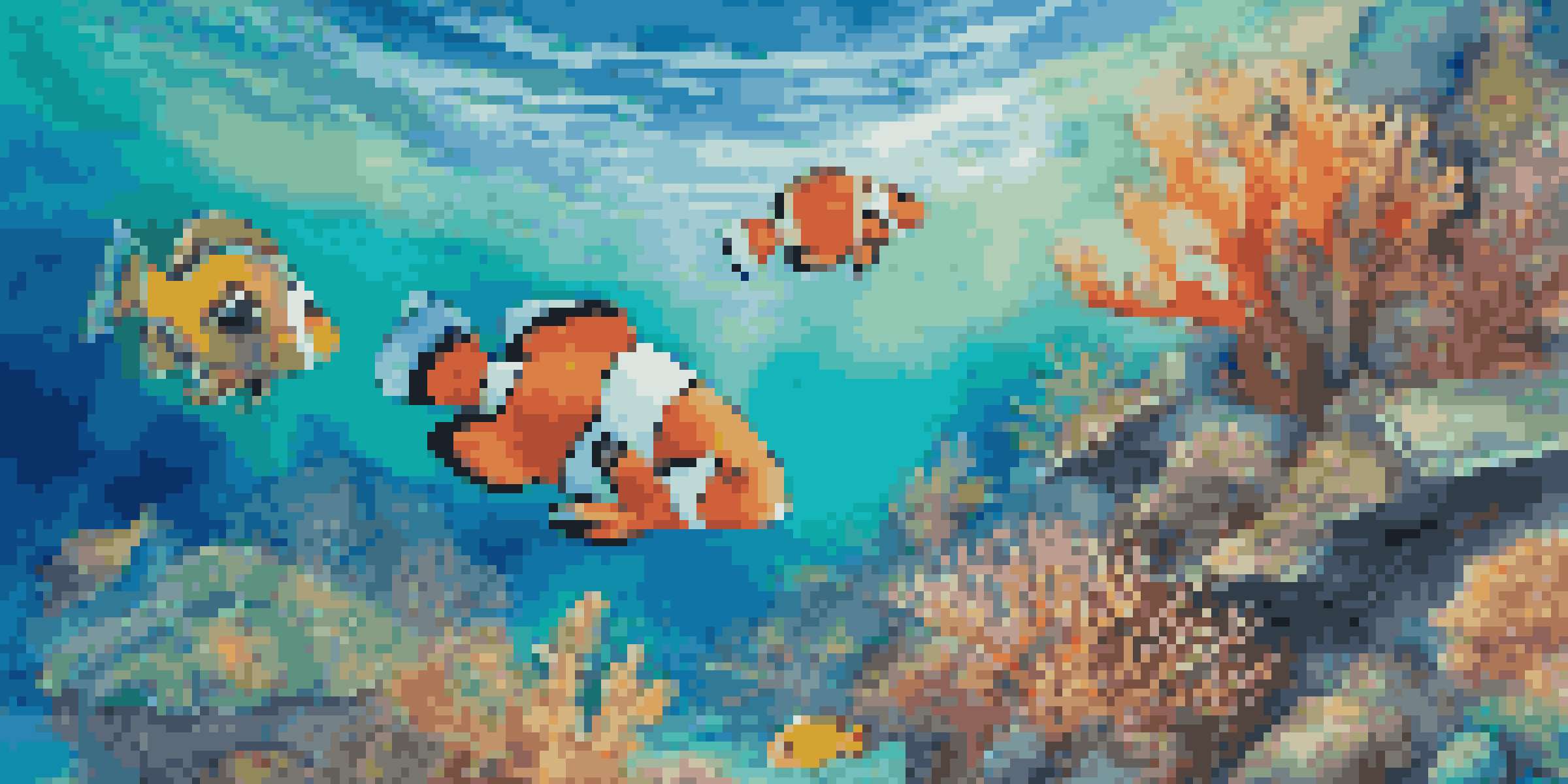 An underwater scene in the Caribbean with colorful coral reefs, various fish, and a sea turtle swimming, all illuminated by sunlight.