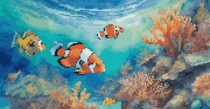 An underwater scene in the Caribbean with colorful coral reefs, various fish, and a sea turtle swimming, all illuminated by sunlight.