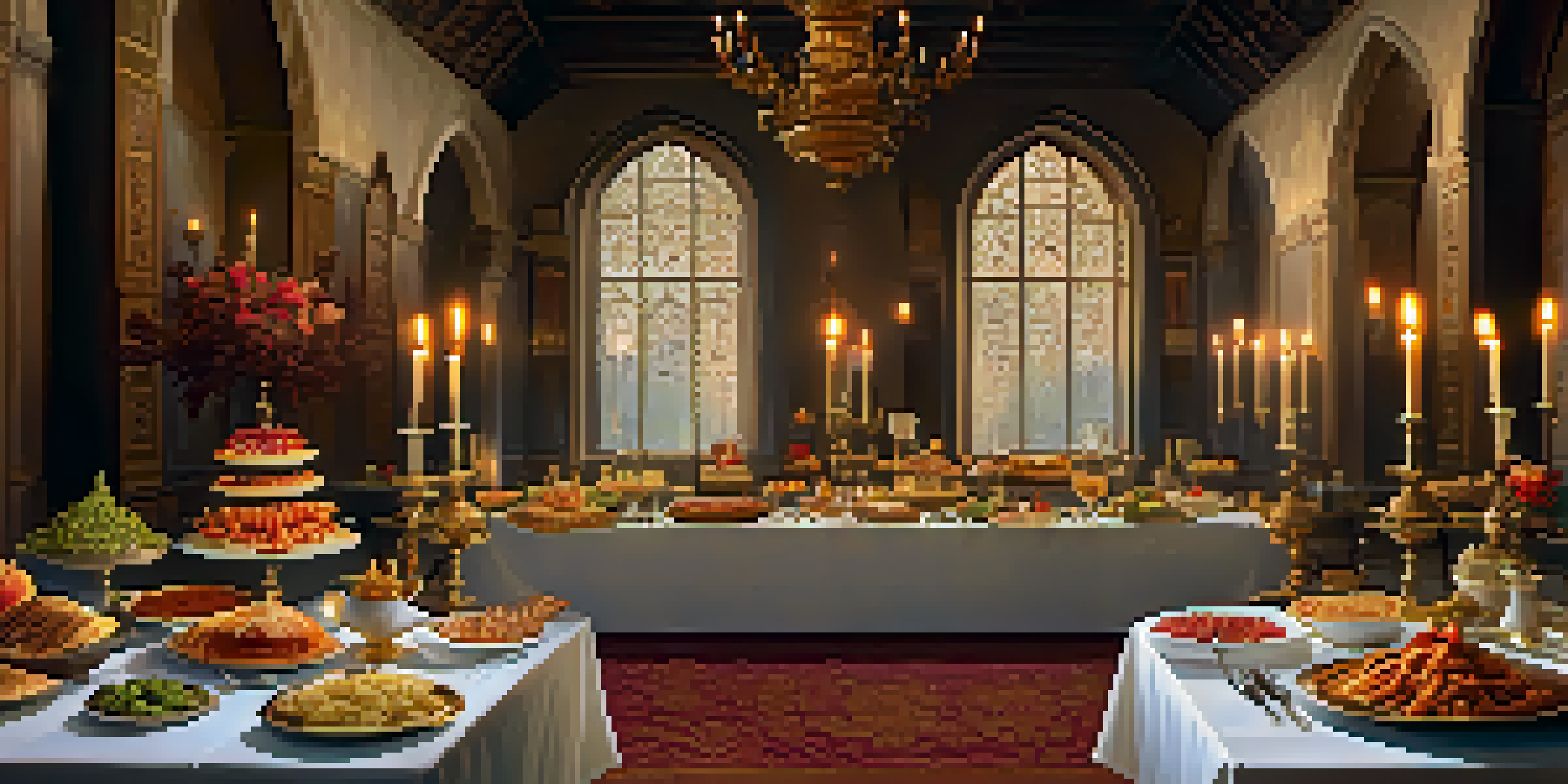 A grand banquet hall featuring a lavish 14th-century feast with roasted meats and spiced pies on an ornate table.
