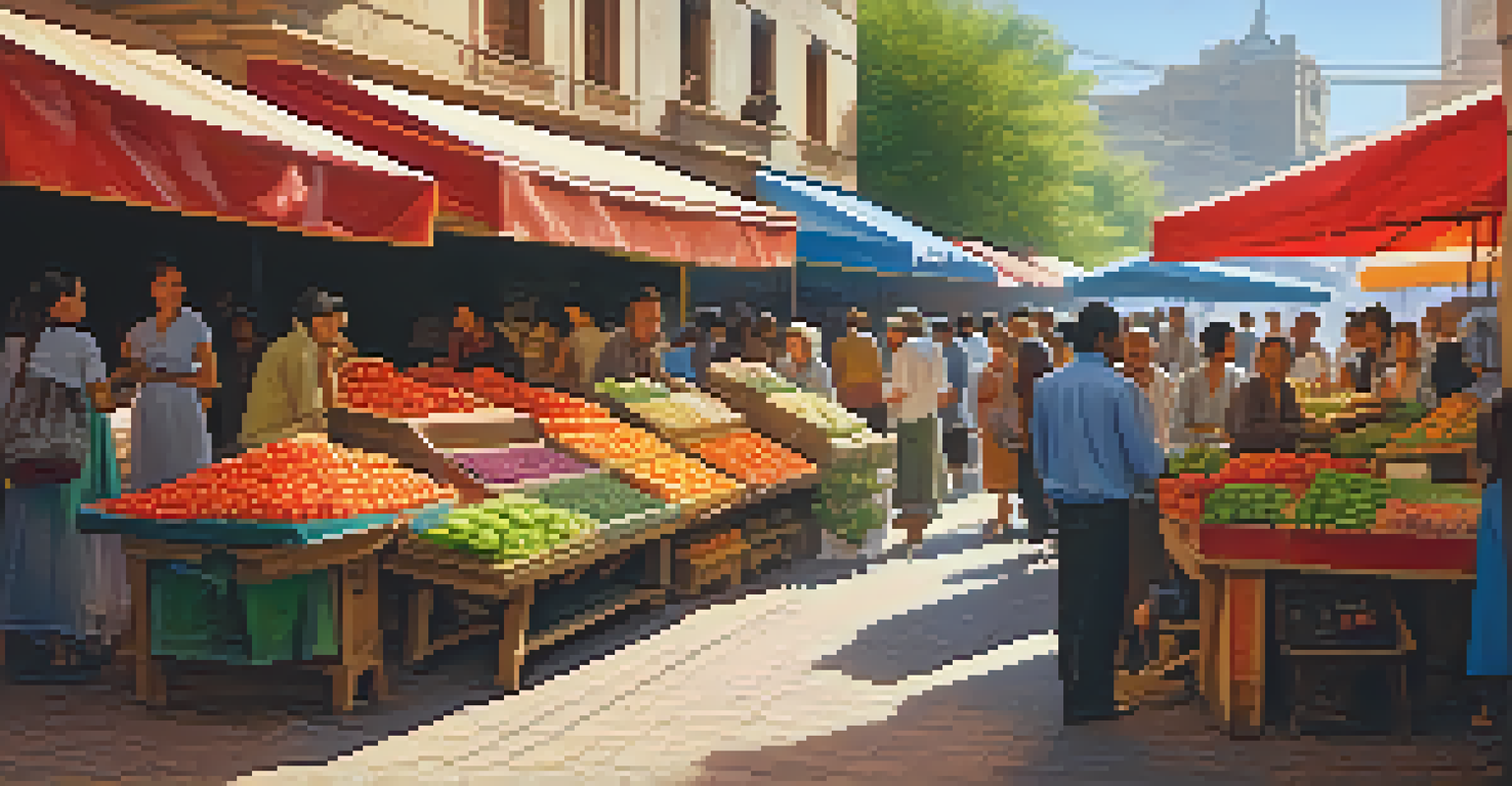 A busy market scene with colorful stalls, fruits, and people enjoying the atmosphere, illuminated by sunlight.
