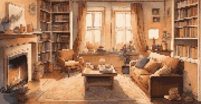 A person playing a solo board game on a coffee table in a cozy living room with warm lighting and a bookshelf in the background.