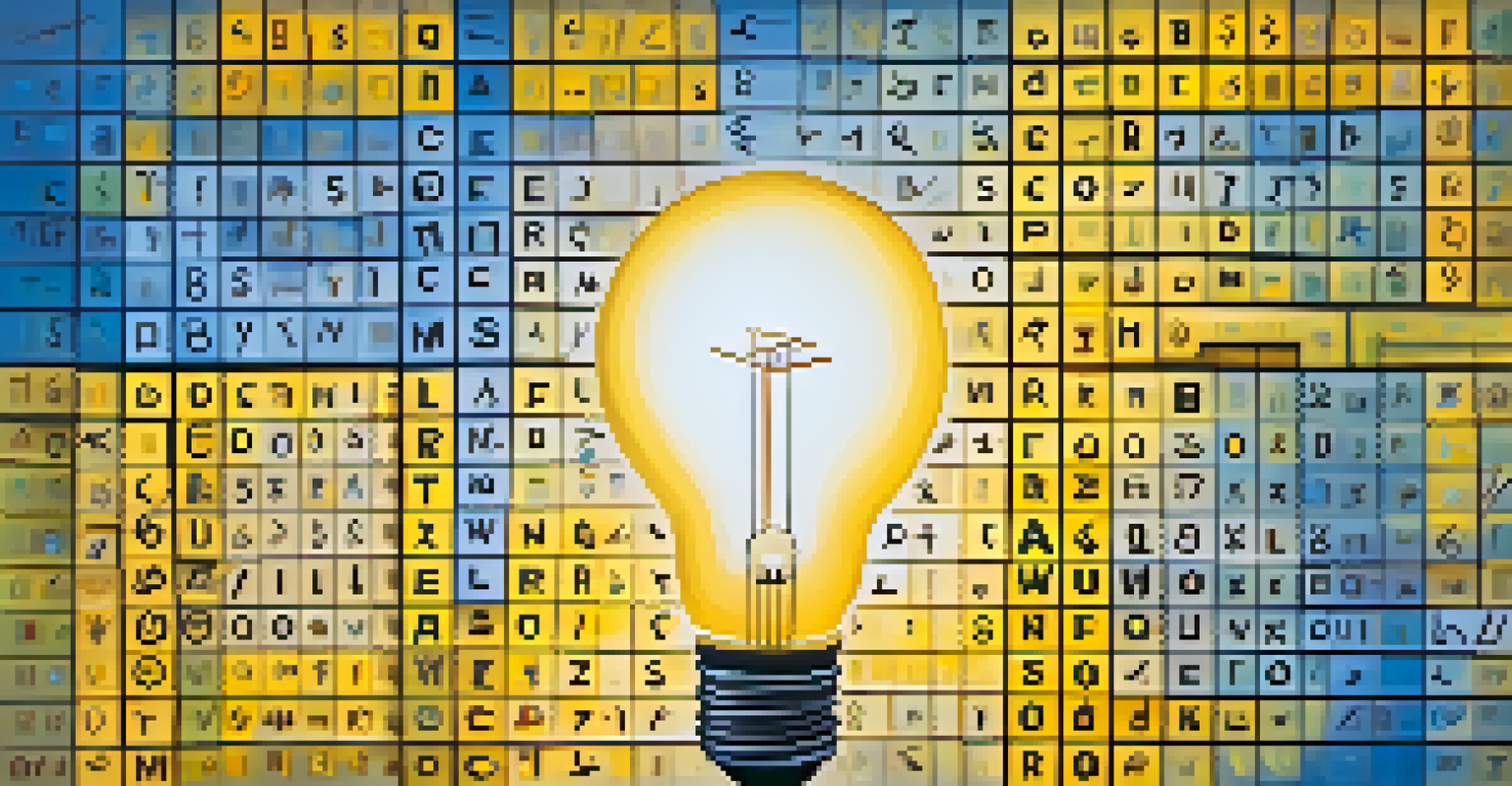 An abstract representation of crossword clues with colorful letters and a light bulb symbolizing creativity.