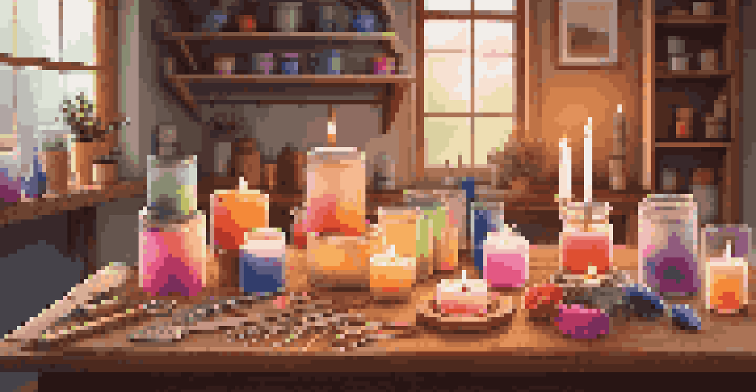 A cozy DIY candle-making setup with colorful candles and crafting materials on a wooden table.