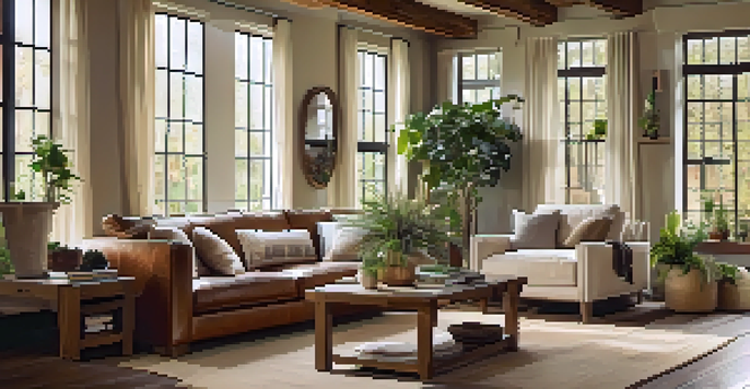A cozy living room with an oak dining table, upholstered chairs, wooden beams, and warm lighting.