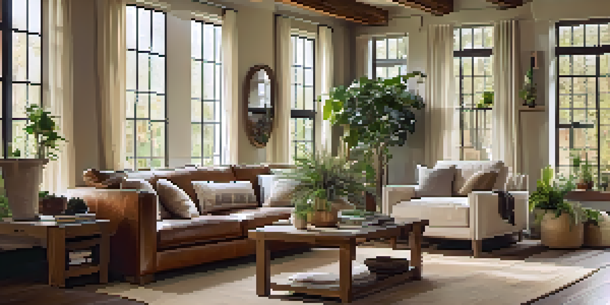 A cozy living room with an oak dining table, upholstered chairs, wooden beams, and warm lighting.