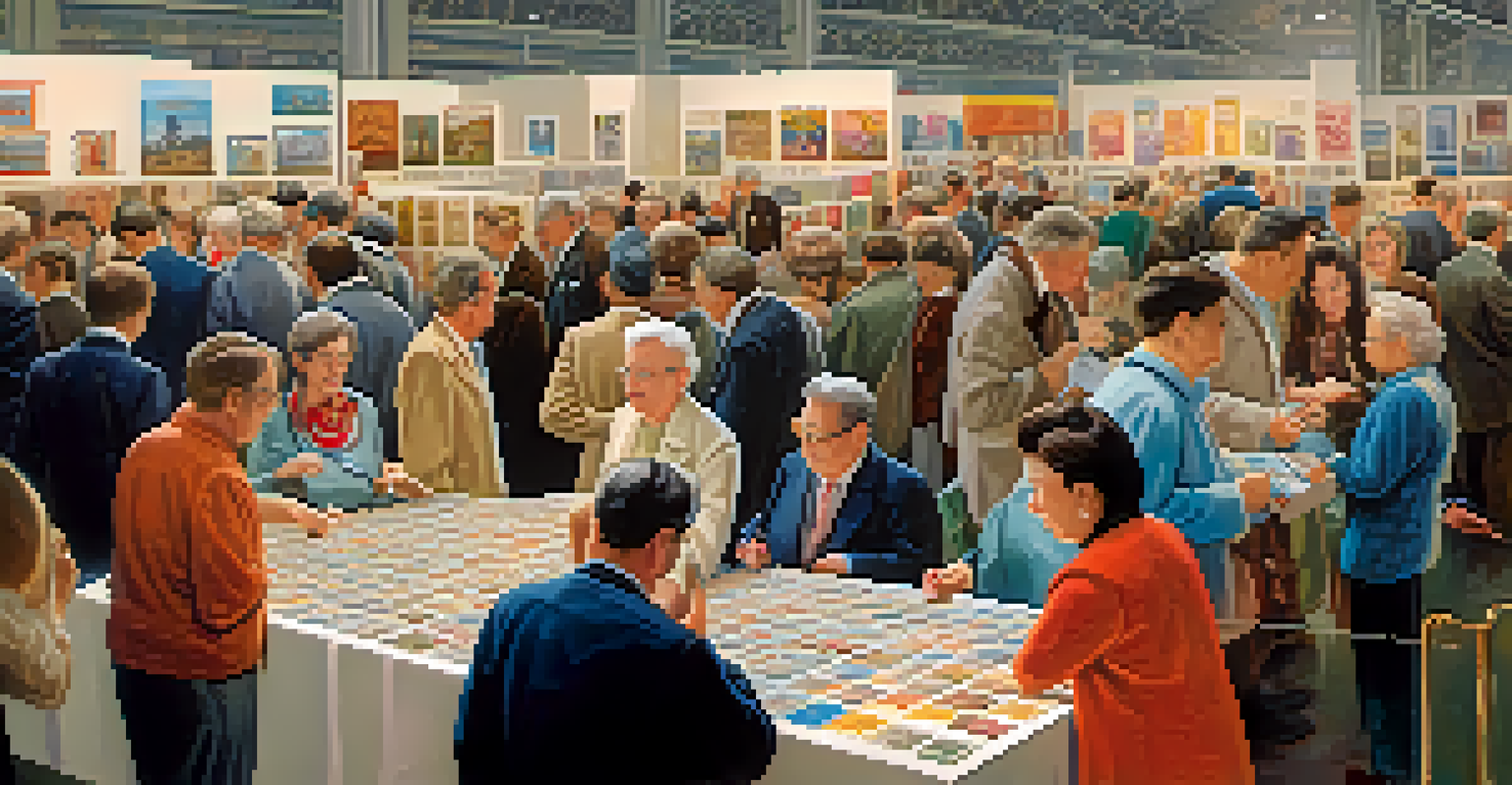 A lively international stamp exhibition with collectors gathered around tables showcasing rare stamps from different countries, decorated with colorful banners.