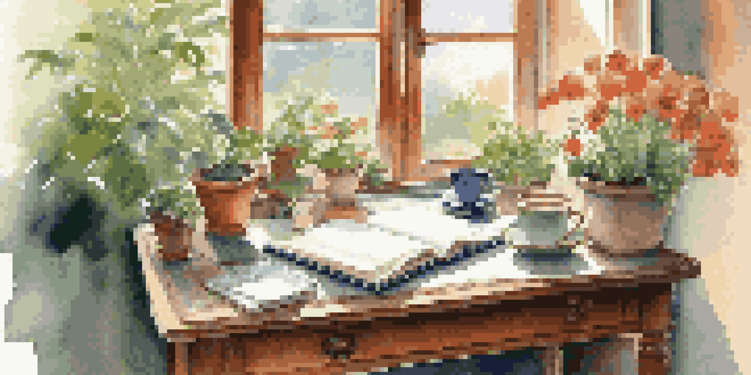 A peaceful writing space with a desk by the window, featuring an open journal, fountain pen, tea cup, and a view of a blooming garden outside.