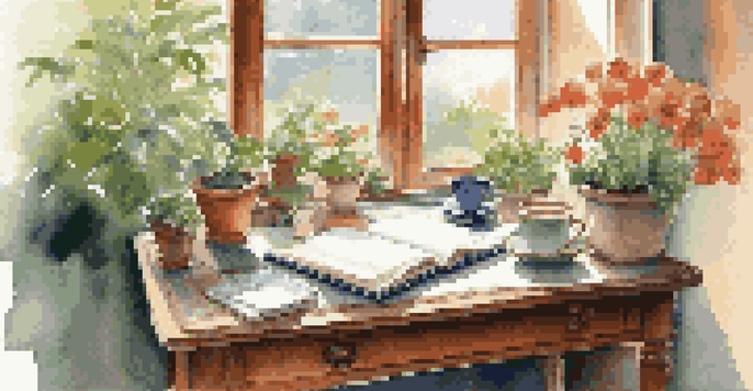 A peaceful writing space with a desk by the window, featuring an open journal, fountain pen, tea cup, and a view of a blooming garden outside.