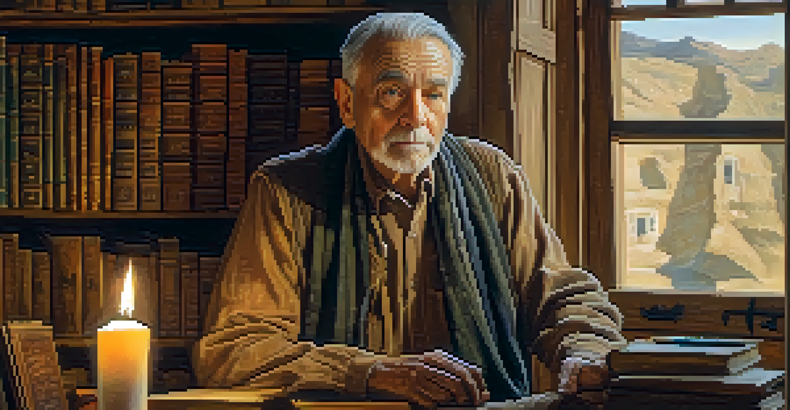 An elderly man in a traditional oil painting self-portrait, with a wise expression in a rustic room filled with books and art supplies, illuminated by soft candlelight.