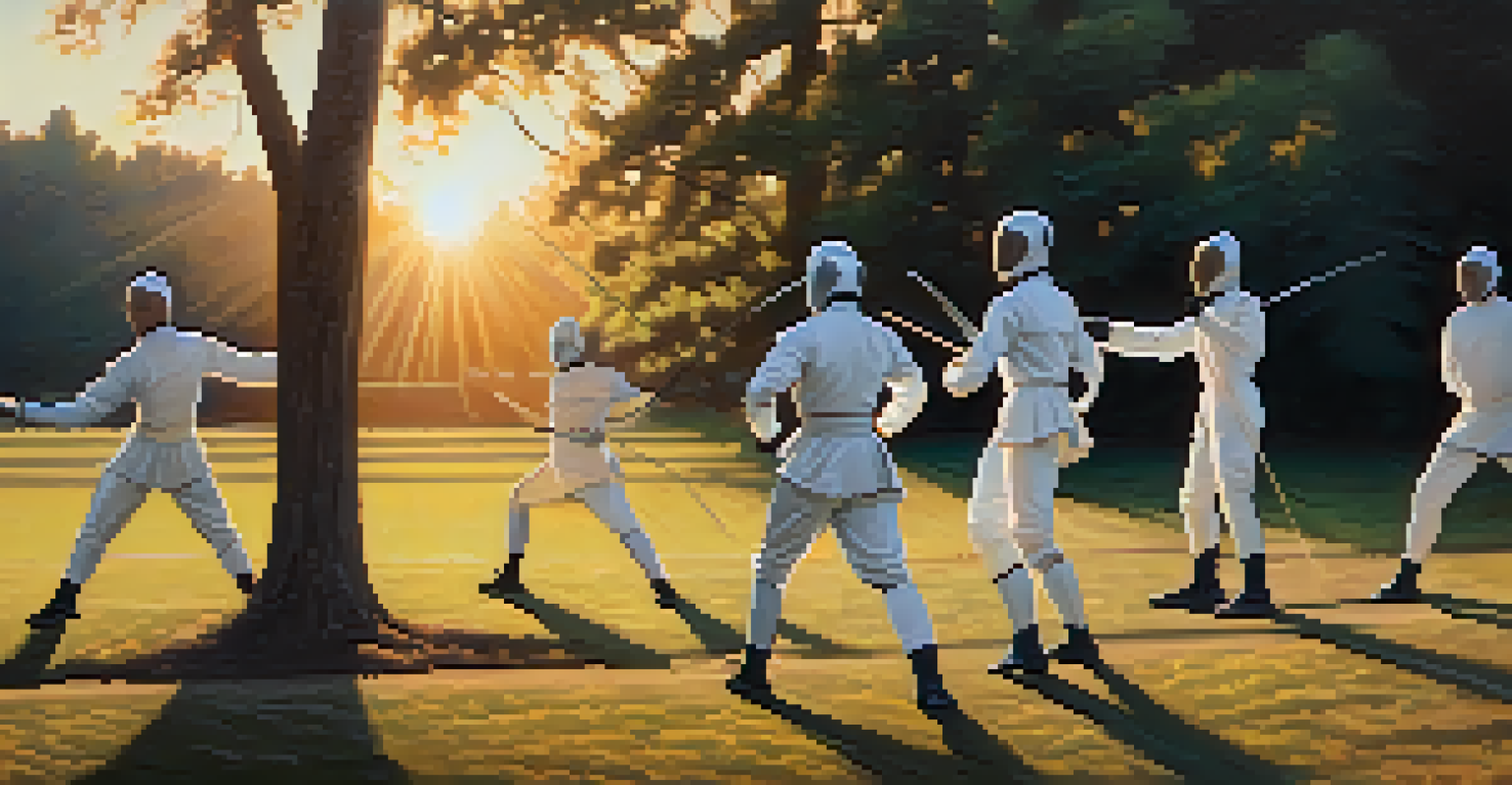 Group of fencers performing dynamic stretching exercises outdoors at sunset, with shadows stretching on the ground.