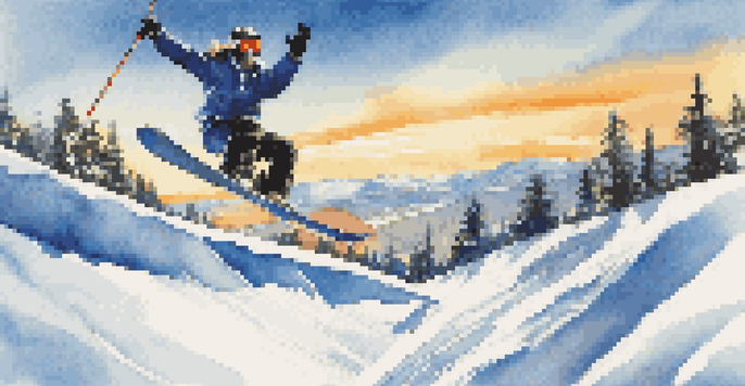 A freestyle skier doing a trick in a terrain park with jumps, under a blue sky with clouds and sunlight.