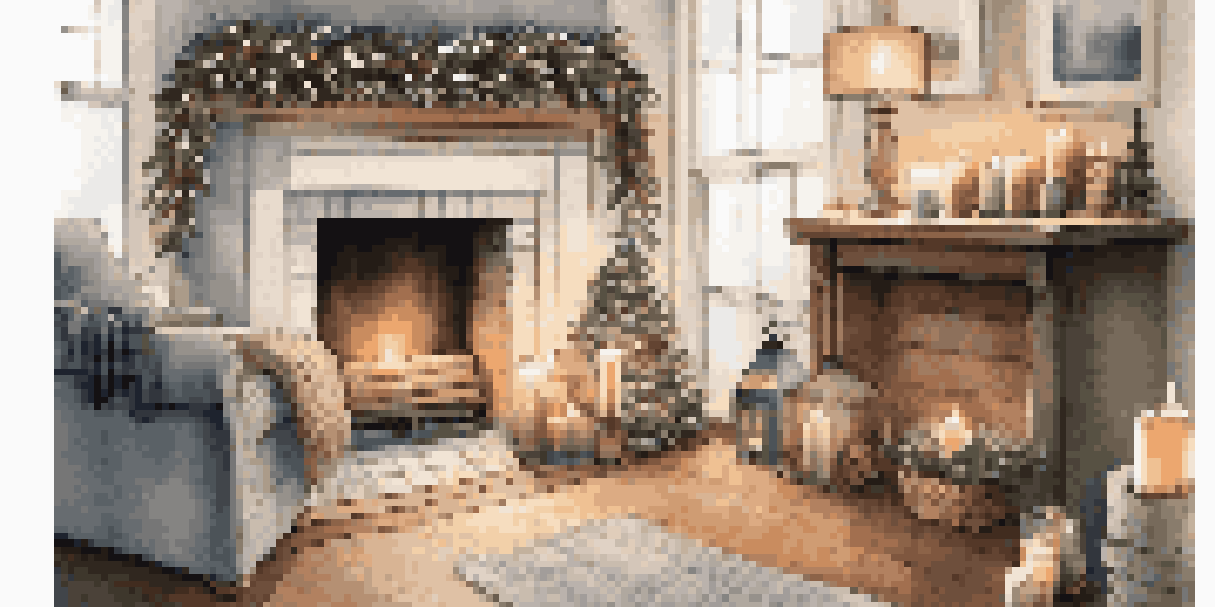A decorated fireplace mantel for winter with evergreen branches and warm lights creating a cozy ambiance.