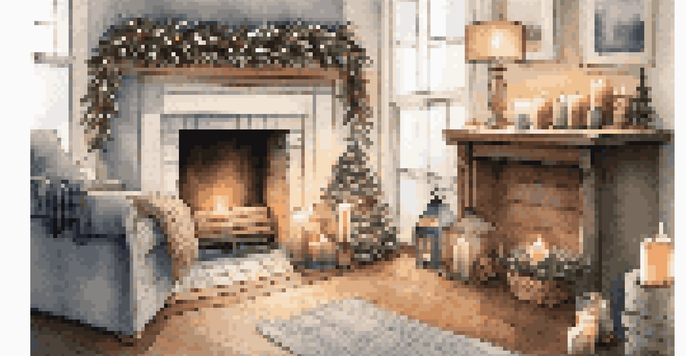 A decorated fireplace mantel for winter with evergreen branches and warm lights creating a cozy ambiance.
