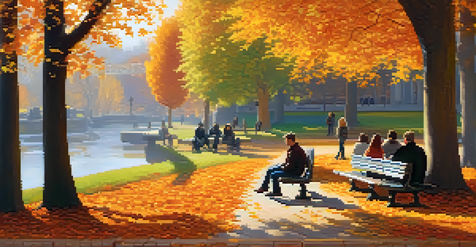 A group of friends sitting on a bench in an autumn park covered with colorful leaves, engaged in an animated conversation.