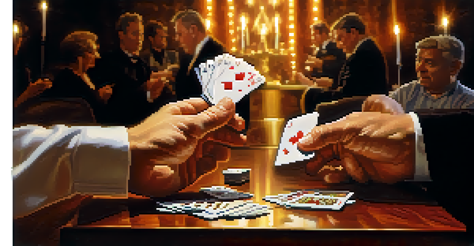 A close-up of a magician's hands manipulating cards with an engaged audience in the background, illuminated by warm lighting.