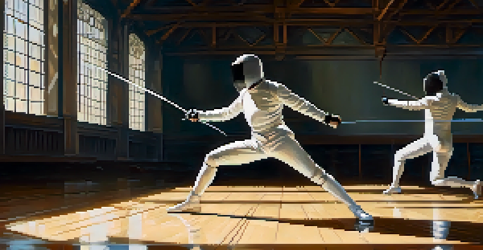 A male fencer lunges forward while a female fencer stands defensively in a well-lit gym, both in white fencing uniforms.