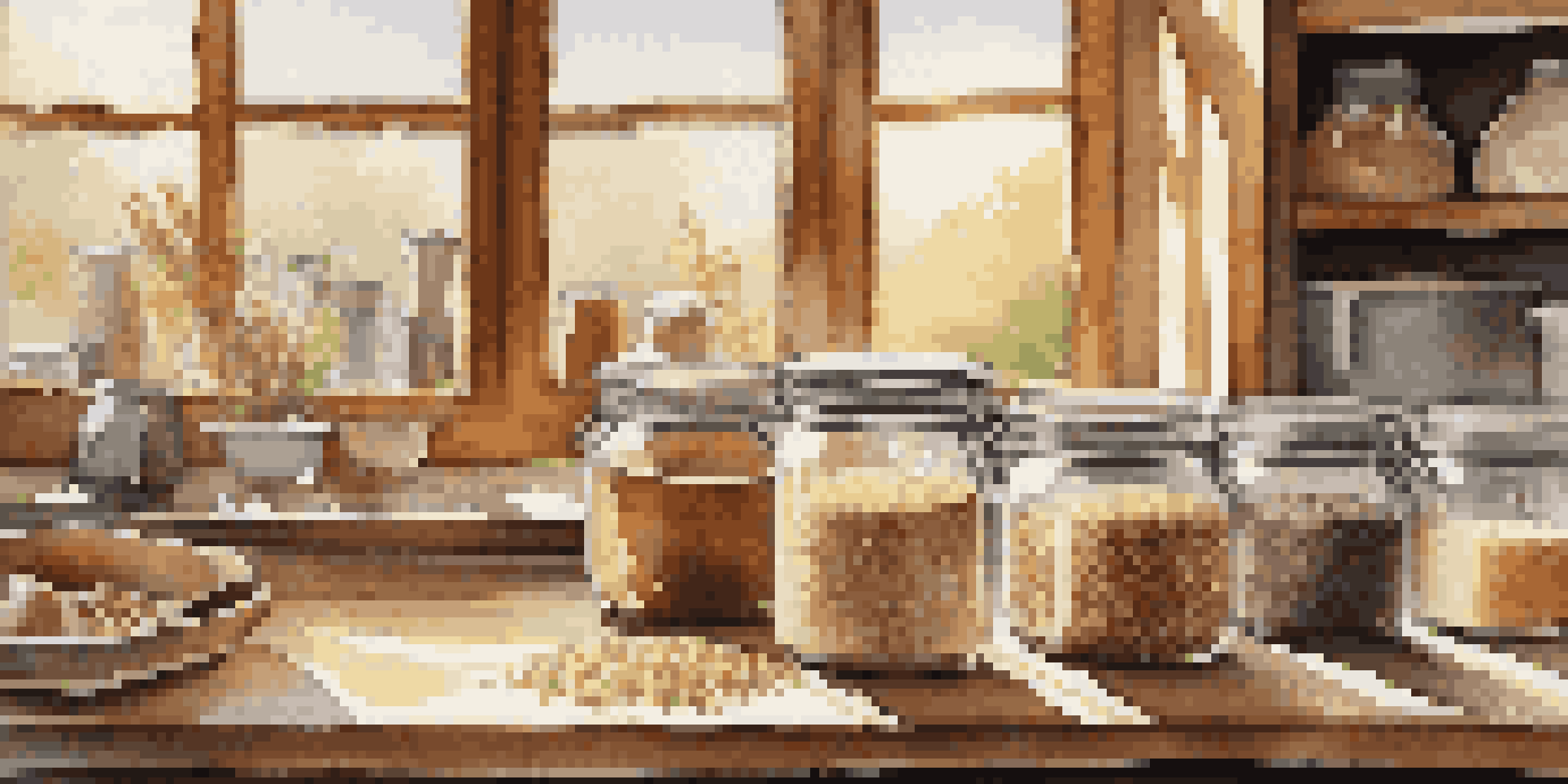A rustic kitchen table with clear jars of whole grains like brown rice, quinoa, and oats, illuminated by sunlight.