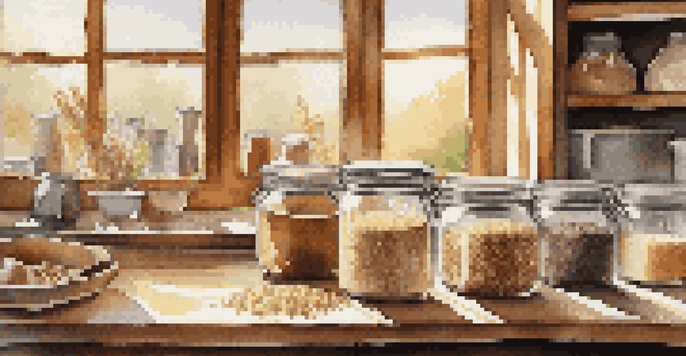 A rustic kitchen table with clear jars of whole grains like brown rice, quinoa, and oats, illuminated by sunlight.
