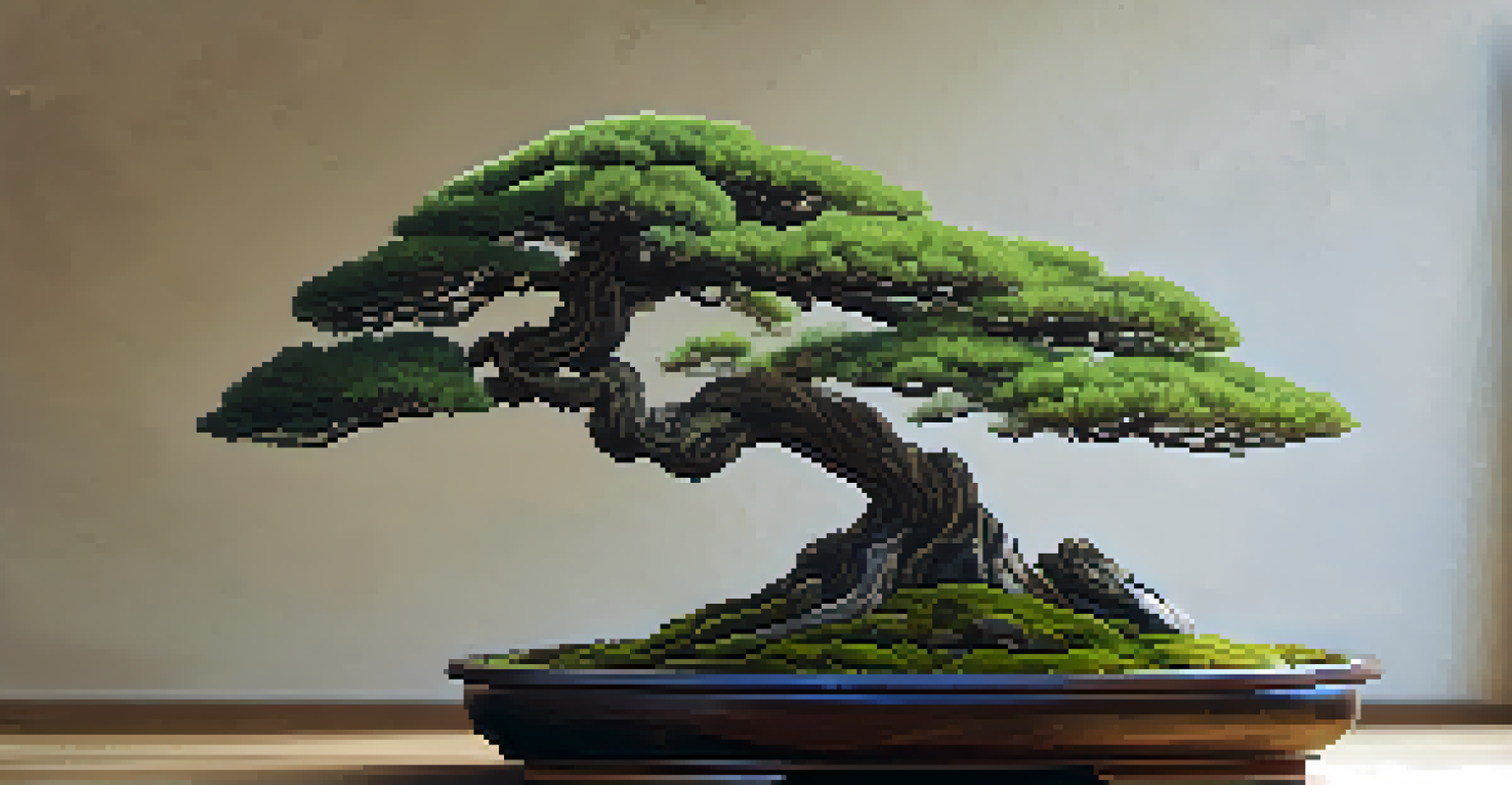 A close-up of a carefully maintained bonsai tree in a minimalist pot, with detailed foliage and bark textures, natural light highlighting its beauty.