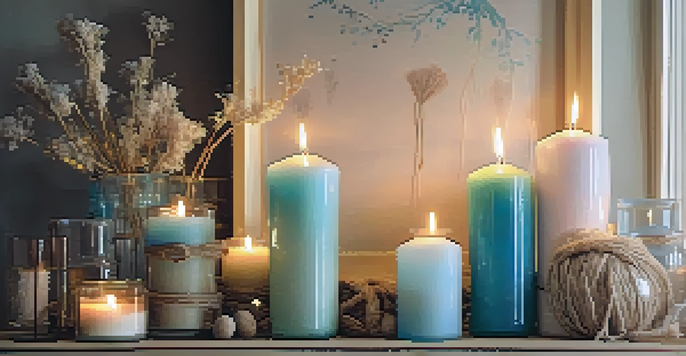 A cozy living room with glass jar candle holders glowing softly, twine and dried flowers adding rustic charm.