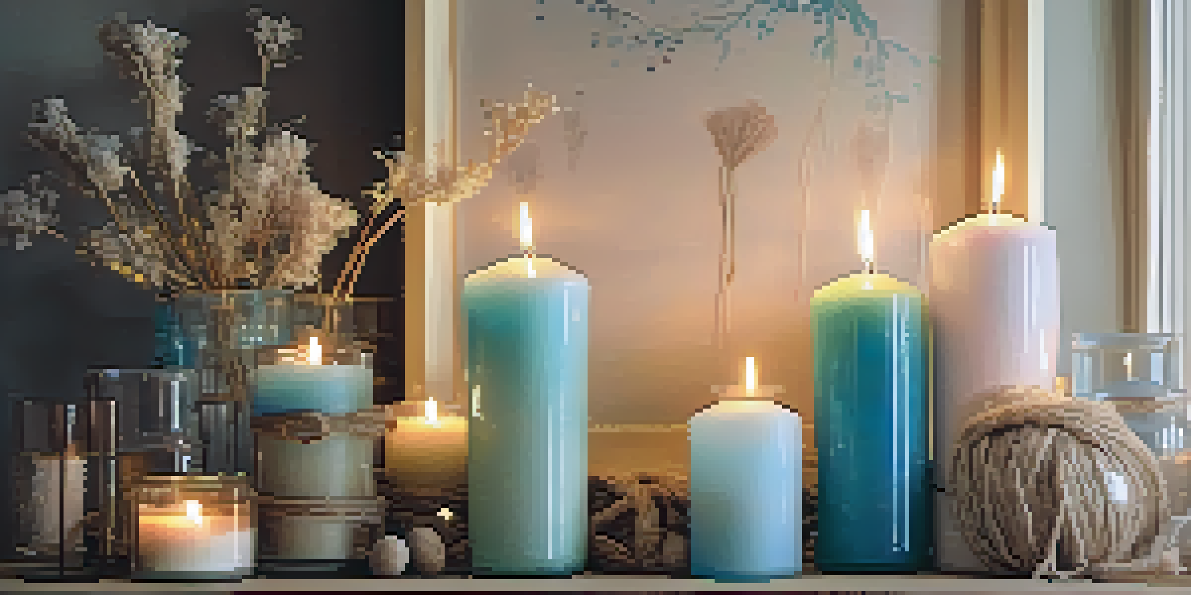 A cozy living room with glass jar candle holders glowing softly, twine and dried flowers adding rustic charm.