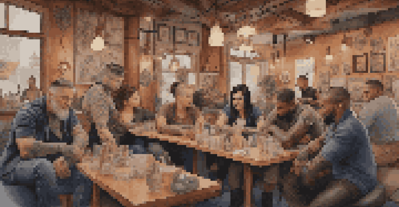 A group of tattoo enthusiasts in a café, discussing their tattoos and showcasing different designs.